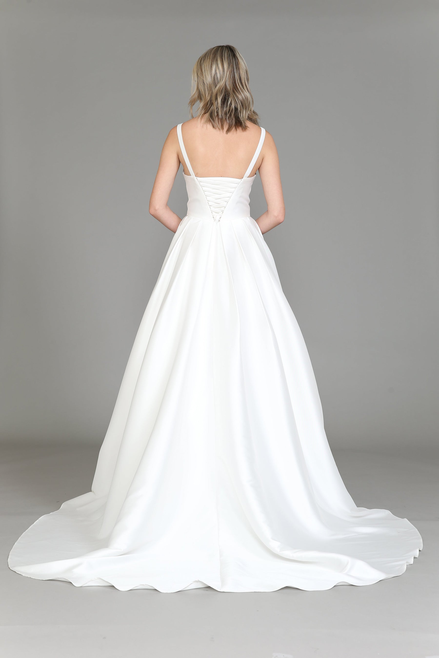 Off White Square Neck Floor Length Satin Wedding Gown with Lace Up Back A-line Dress Poly USA 8528