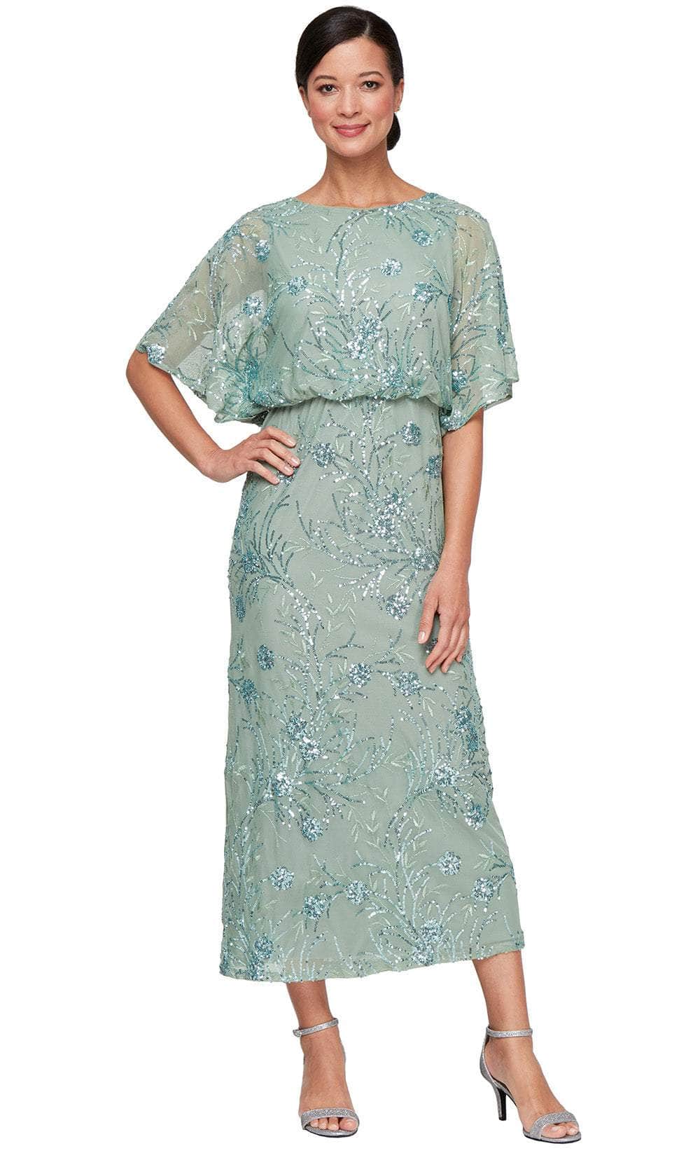 Plus Size Dresses Plus Size Formal Blouson Sequin Evening Tea Length Dress Sage