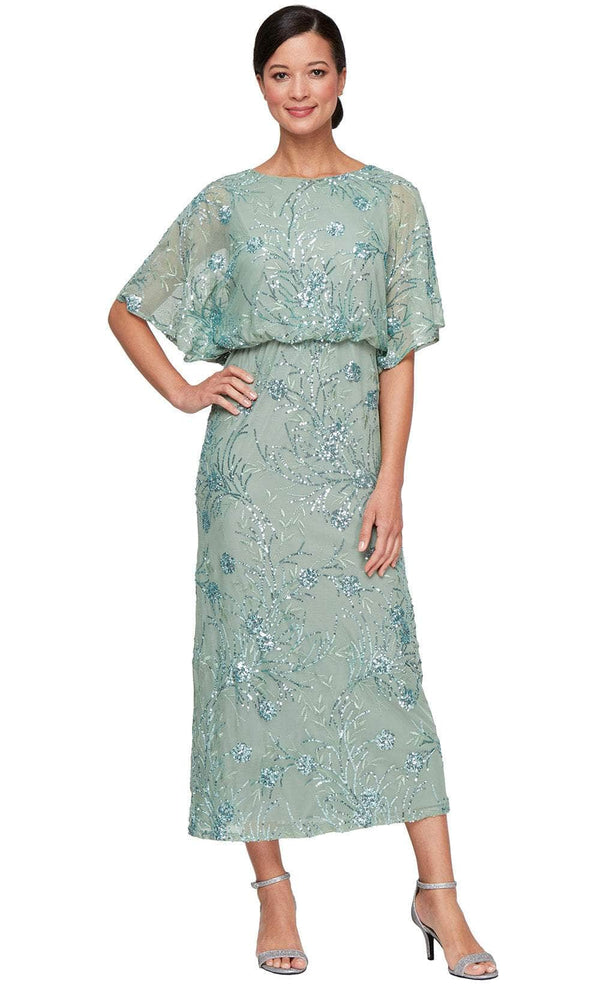 SL Fashions 9496478 Plus Size Formal Blouson Sequin Evening Tea Length Dress