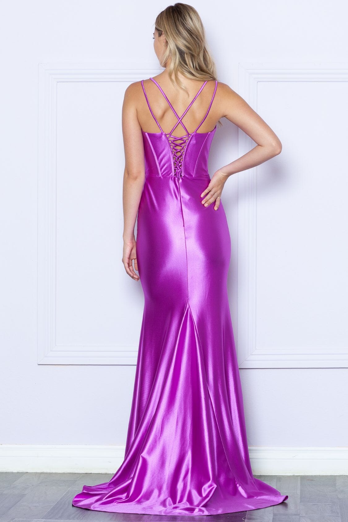 Violet Square Neck Floor Length Satin Formal Dress with Lace-Up Back Poly USA 9258