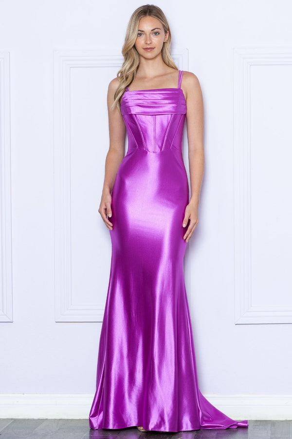 Square Neck Floor Length Satin Formal Dress with Lace-Up Back Poly USA 9258