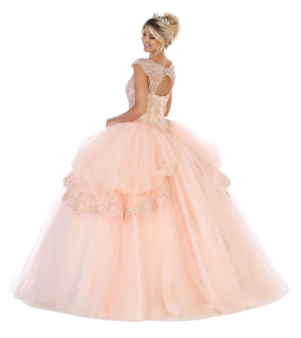 Sweet 16 Long Cap Sleeve Quinceanera Dress - The Dress Outlet May Queen