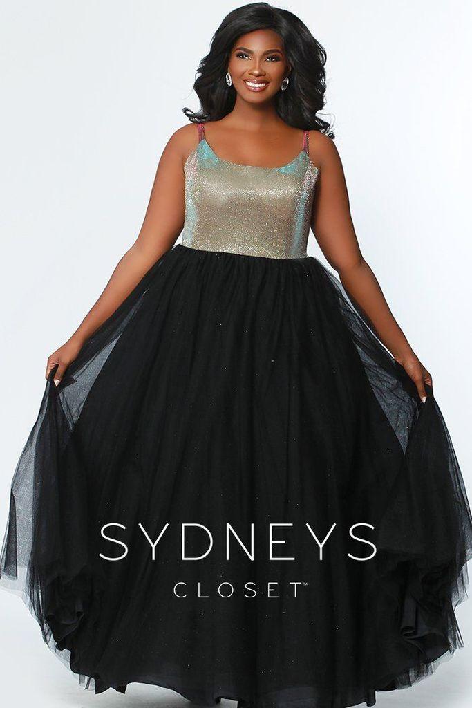Sydneys Closet Long Gold Bodice Prom Plus Size Dress w/ Tulle Skirt - The Dress Outlet Sydneys Closet