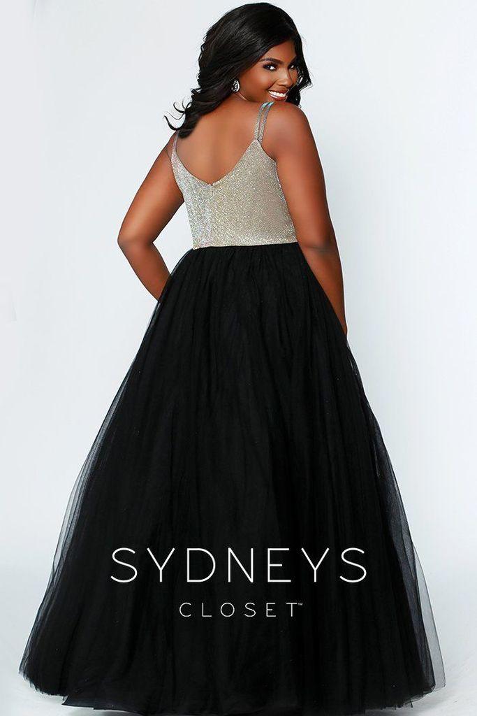 Sydneys Closet Long Gold Bodice Prom Plus Size Dress w/ Tulle Skirt