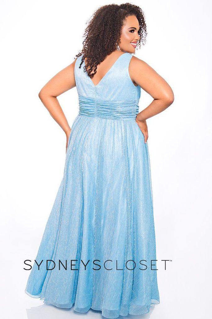 Sydneys Closet TE2308 Plus Size Long Sleeve Formal Pleated Sequin Prom Dress