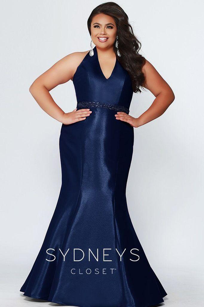 Sydneys Closet Long Satin V-Neck Plus Size Mermaid Prom Dress - The Dress Outlet Sydneys Closet