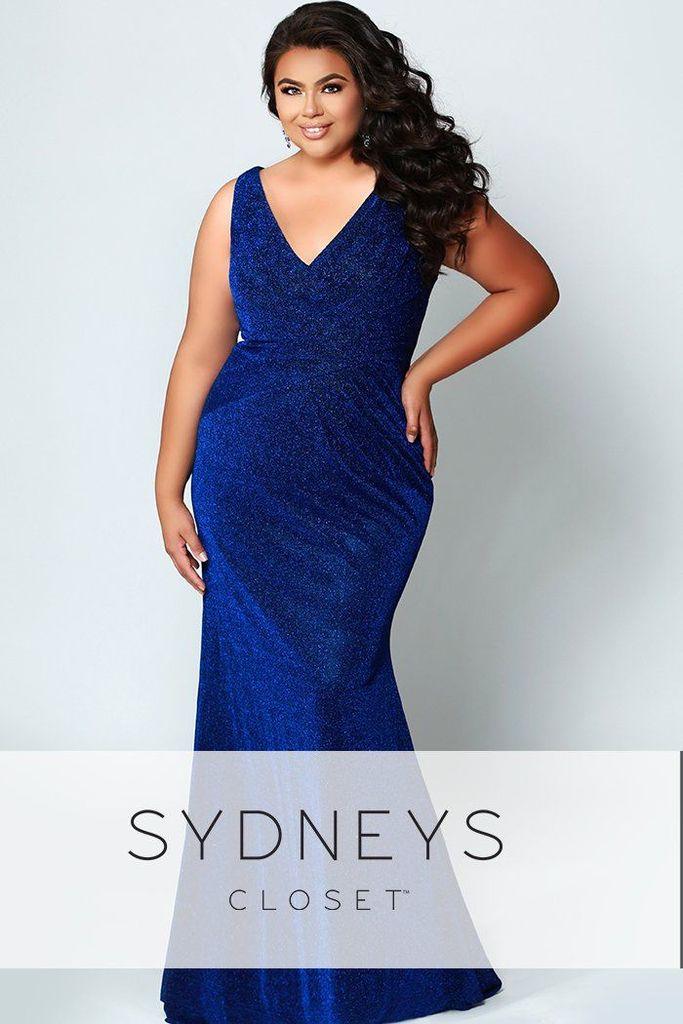 Sydneys Closet Long Shimmery Sleeveless V-Neck Plus Size Prom Dress - The Dress Outlet Sydneys Closet