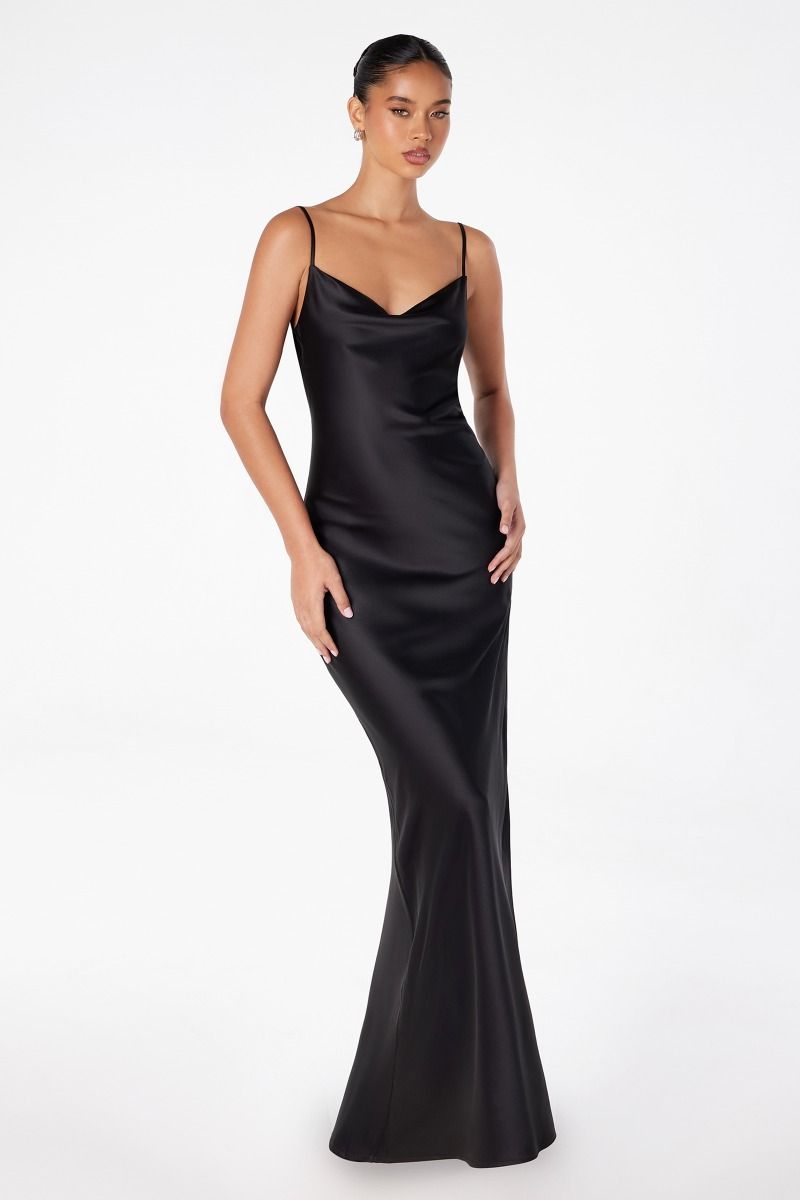 Long Satin Cowl Neck Prom Maxi Dress with Open Back & Adjustable Strap The Dress Outlet Long Satin Cowl Neck Prom Maxi Dress with Open Back & Adjustable Strap The Dress Outlet