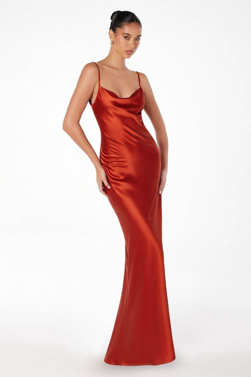 Long Satin Cowl Neck Prom Maxi Dress with Open Back & Adjustable Strap The Dress Outlet Long Satin Cowl Neck Prom Maxi Dress with Open Back & Adjustable Strap The Dress Outlet