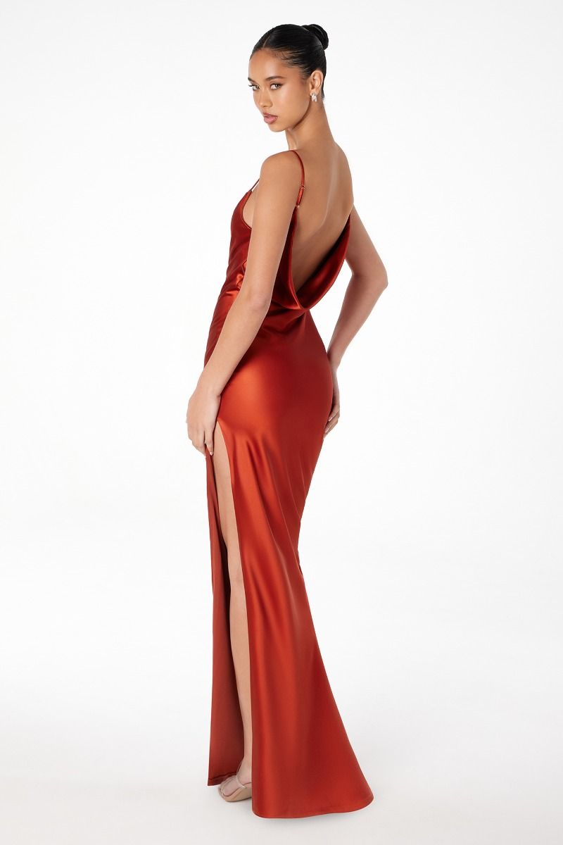 Long Satin Cowl Neck Prom Maxi Dress with Open Back & Adjustable Strap The Dress Outlet Long Satin Cowl Neck Prom Maxi Dress with Open Back & Adjustable Strap The Dress Outlet