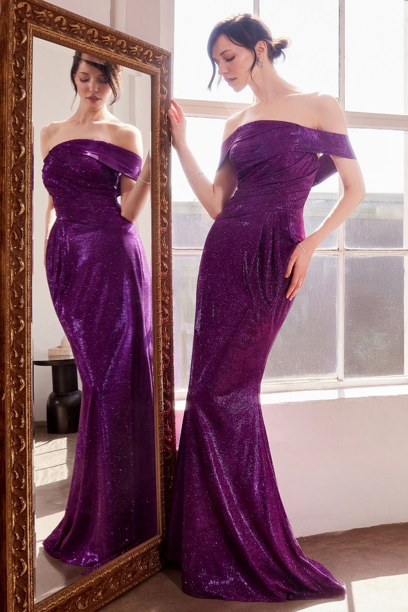 LaDivine T603 Long Formal Metallic Glitter Fitted Prom Gown