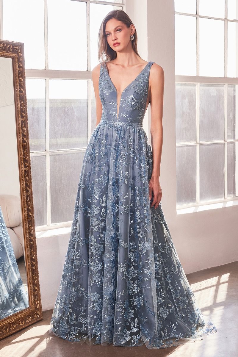 grey blue long prom dress with embroidery A-Line One-Shoulder Floral Embroidery Blue Long Prom Dress PSK320 US10 / Blue