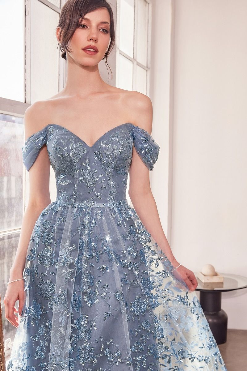 Prom Dresses A Line Long Glitter Print Formal Prom Dress Smoky Blue