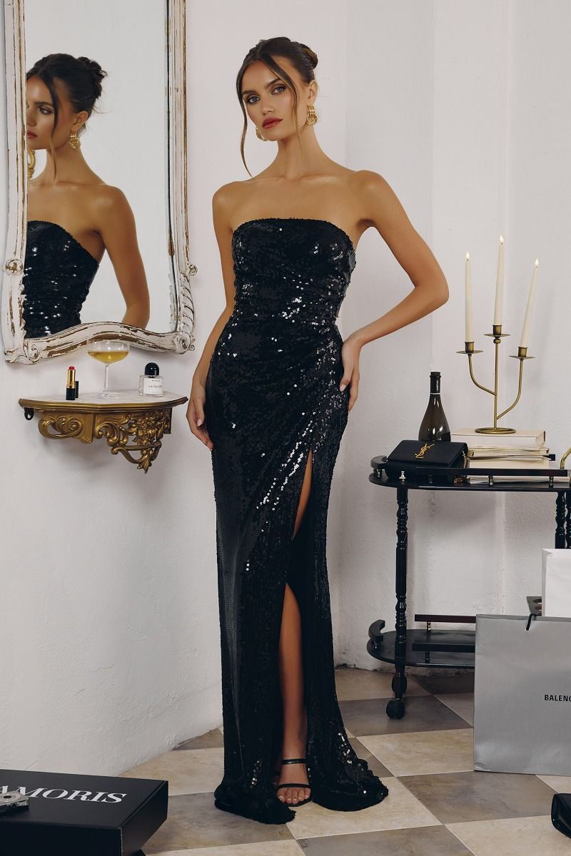 Strapless Long Sequin Prom Dress with Lace-Up Back Blue / XSmall