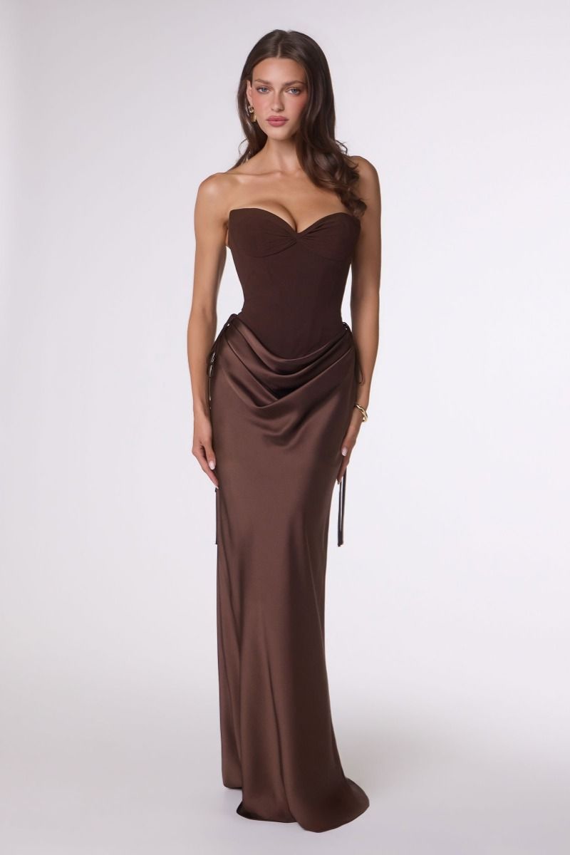 Strapless Curved Neck Floor-Length Satin Formal Sheath/Column Amoris T747