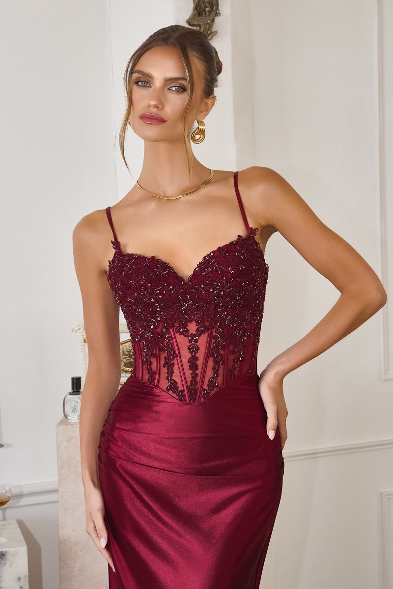 Prom Dresses Long Formal Lace Applique Corset Prom Dress Burgundy