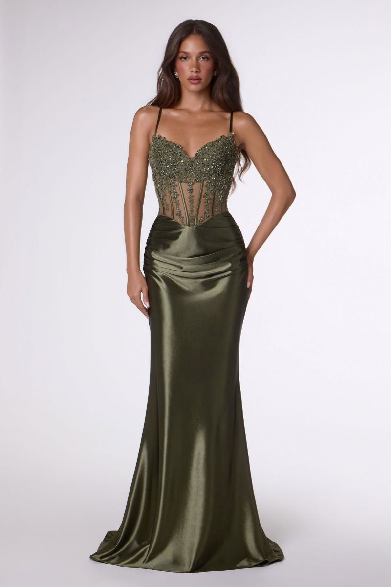Prom Dresses Long Formal Lace Applique Corset Prom Dress Olive
