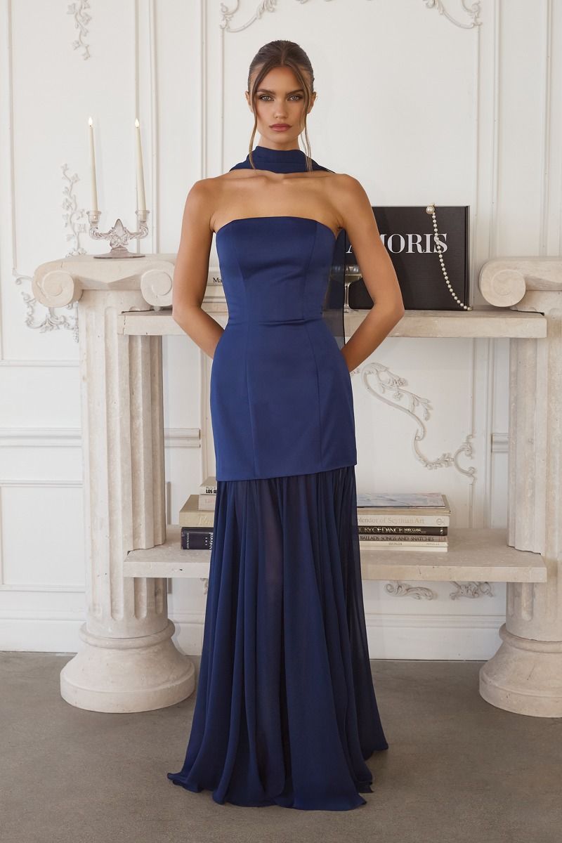 Formal Dresses Long Pleated Formal Prom Dress Amoris T825 Navy