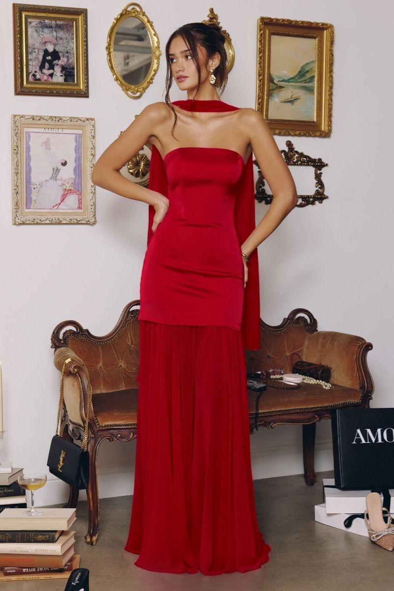 Formal Dresses Long Pleated Formal Prom Dress Amoris T825 Red