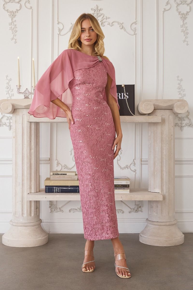 Fitted Formal Sequin Lace Evening Tea Length Dress Amoris T906 - Dusty Rose / 2X Fitted Formal Sequin Lace Evening Tea Length Dress Amoris T906 - Dusty Rose / 2X