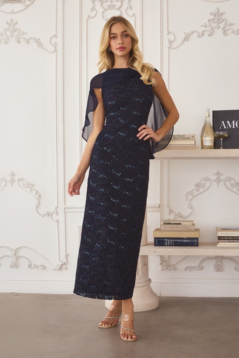 Fitted Formal Sequin Lace Evening Tea Length Dress Amoris T906 - Navy / M