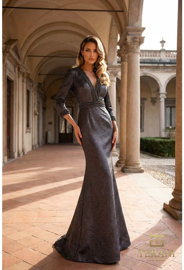 V-Neck Floor-Length Sequin Formal Sheath Column Terani Couture 262M7333