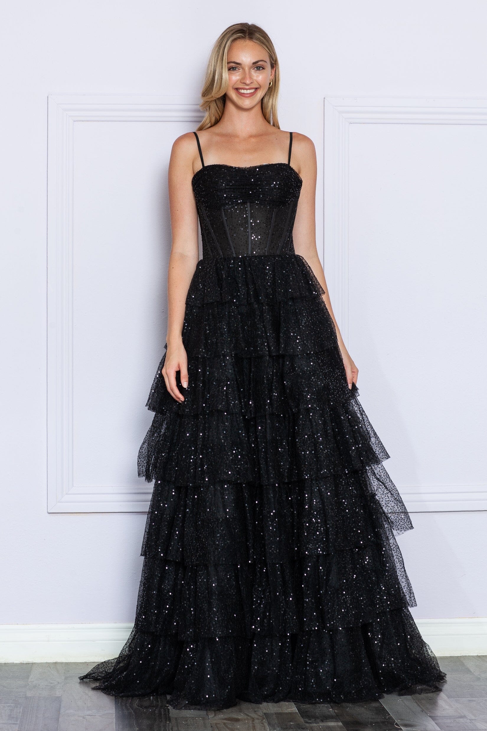 Black Sweetheart Floor Length Sequin Tulle Prom Dress with Tiered Skirt Formal Gown Poly USA 9328