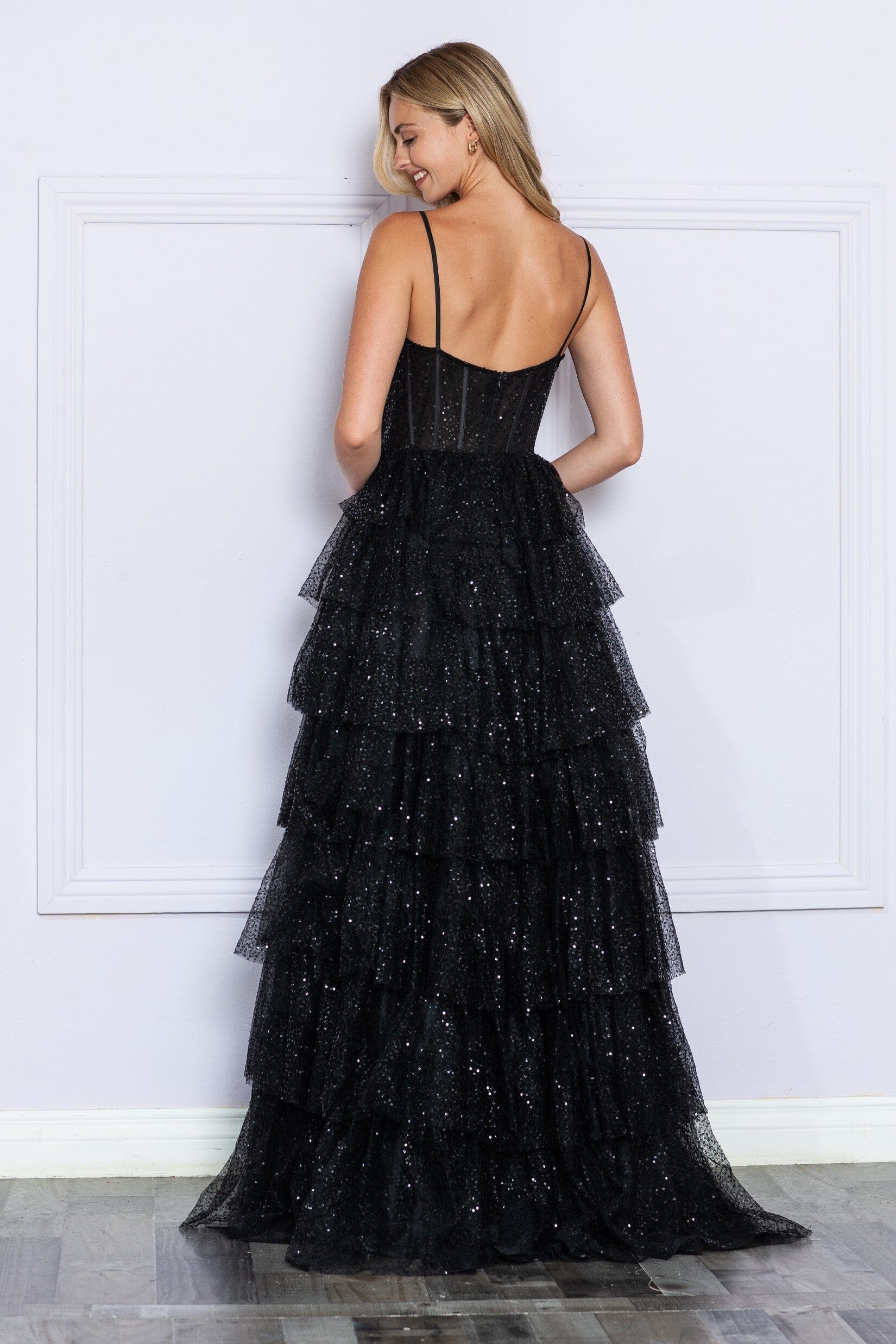 Black Sweetheart Floor Length Sequin Tulle Prom Dress with Tiered Skirt Formal Gown Poly USA 9328