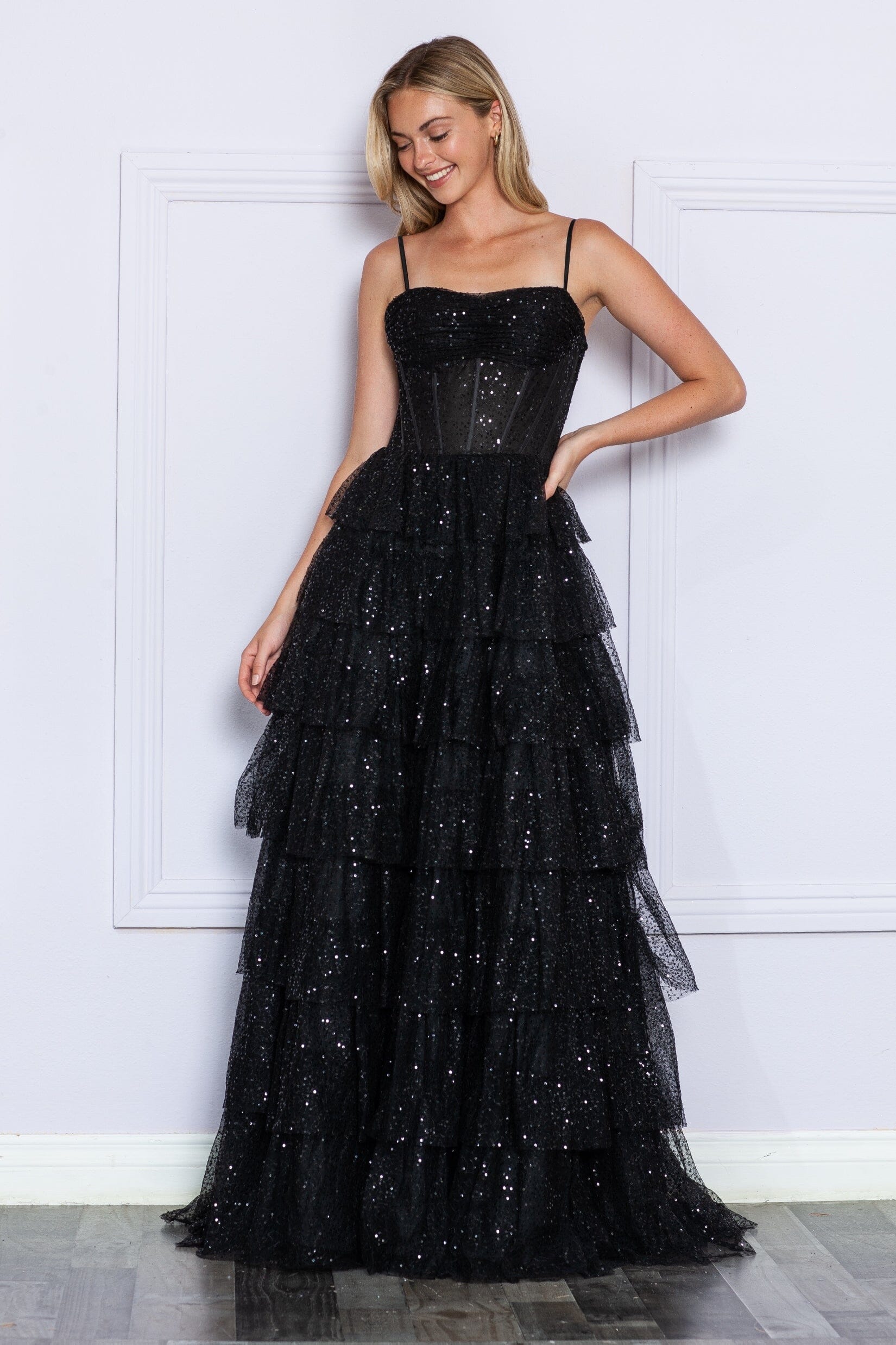 Black Sweetheart Floor Length Sequin Tulle Prom Dress with Tiered Skirt Formal Gown Poly USA 9328