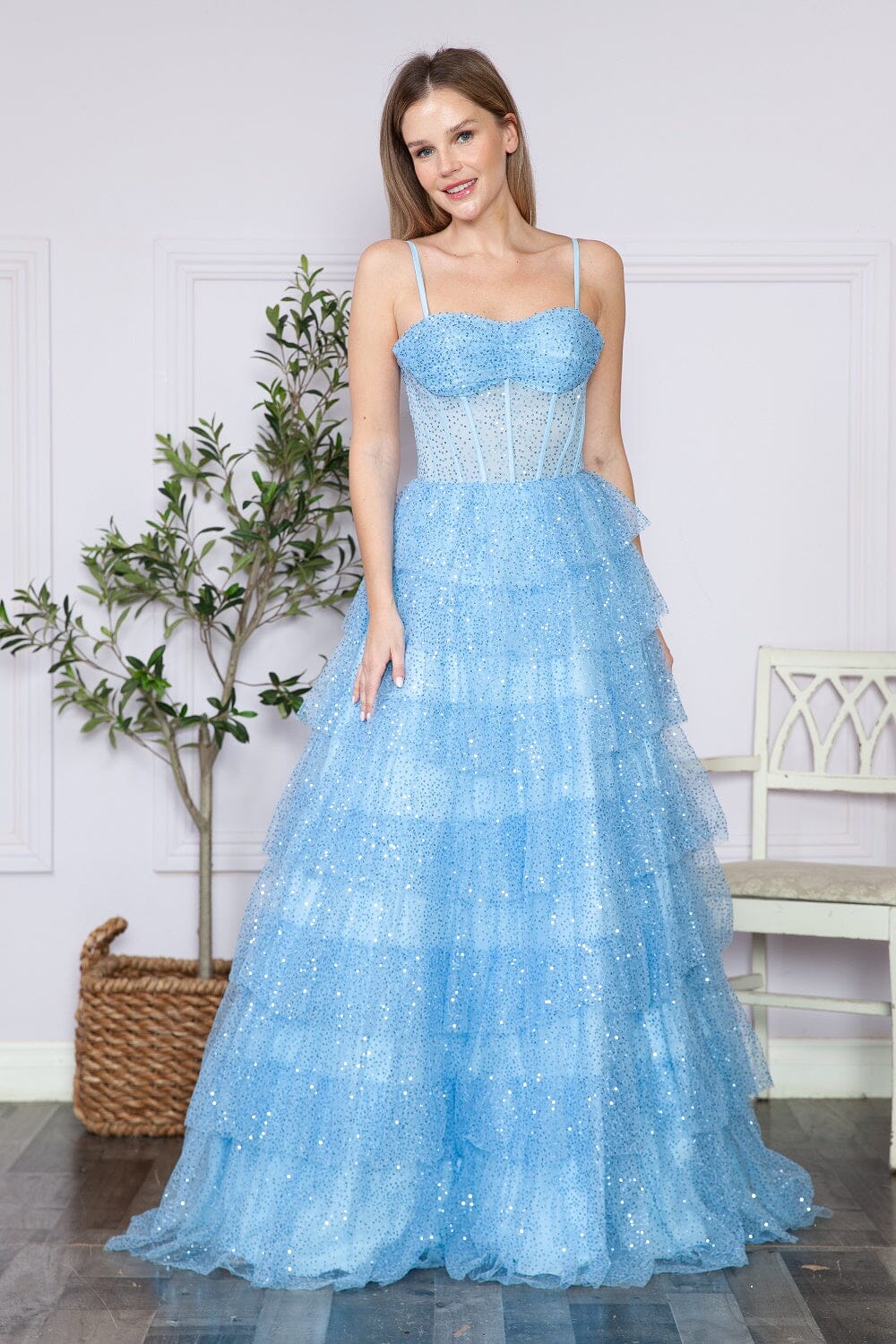 Blue Sweetheart Floor Length Sequin Tulle Prom Dress with Tiered Skirt Formal Gown Poly USA 9328