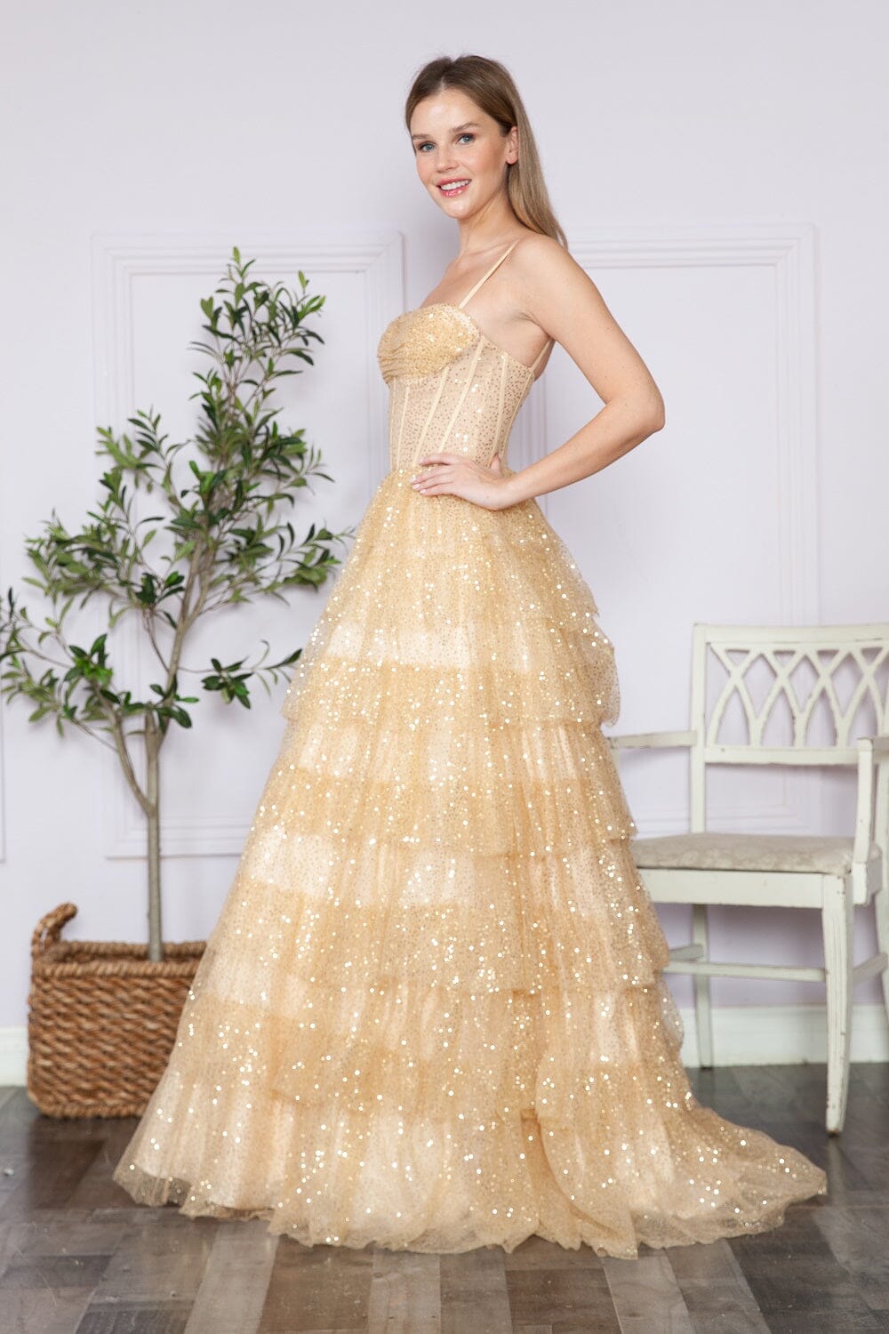 Champagne Sweetheart Floor Length Sequin Tulle Prom Dress with Tiered Skirt Formal Gown Poly USA 9328