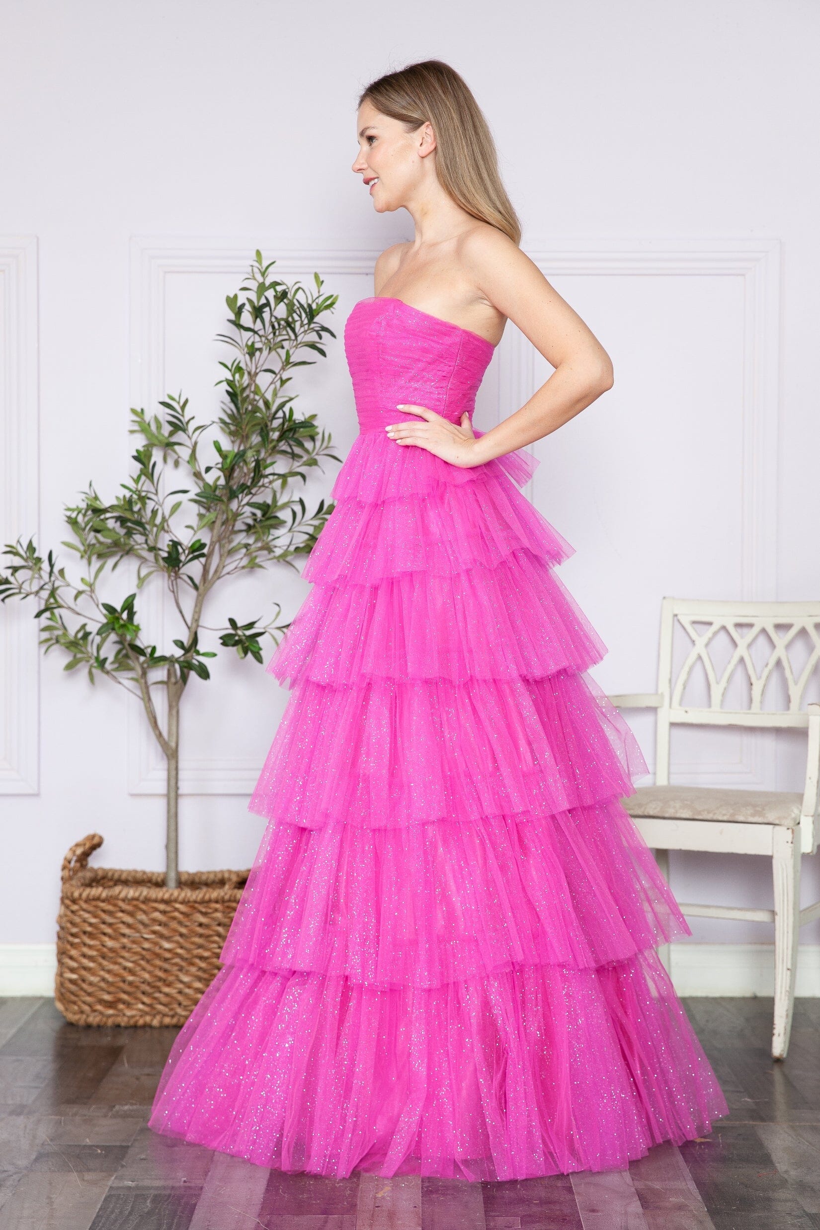 Hot Pink Strapless Floor Length Glitter Tulle Prom Gown with Tiered Skirt Formal Dress Poly USA 9386