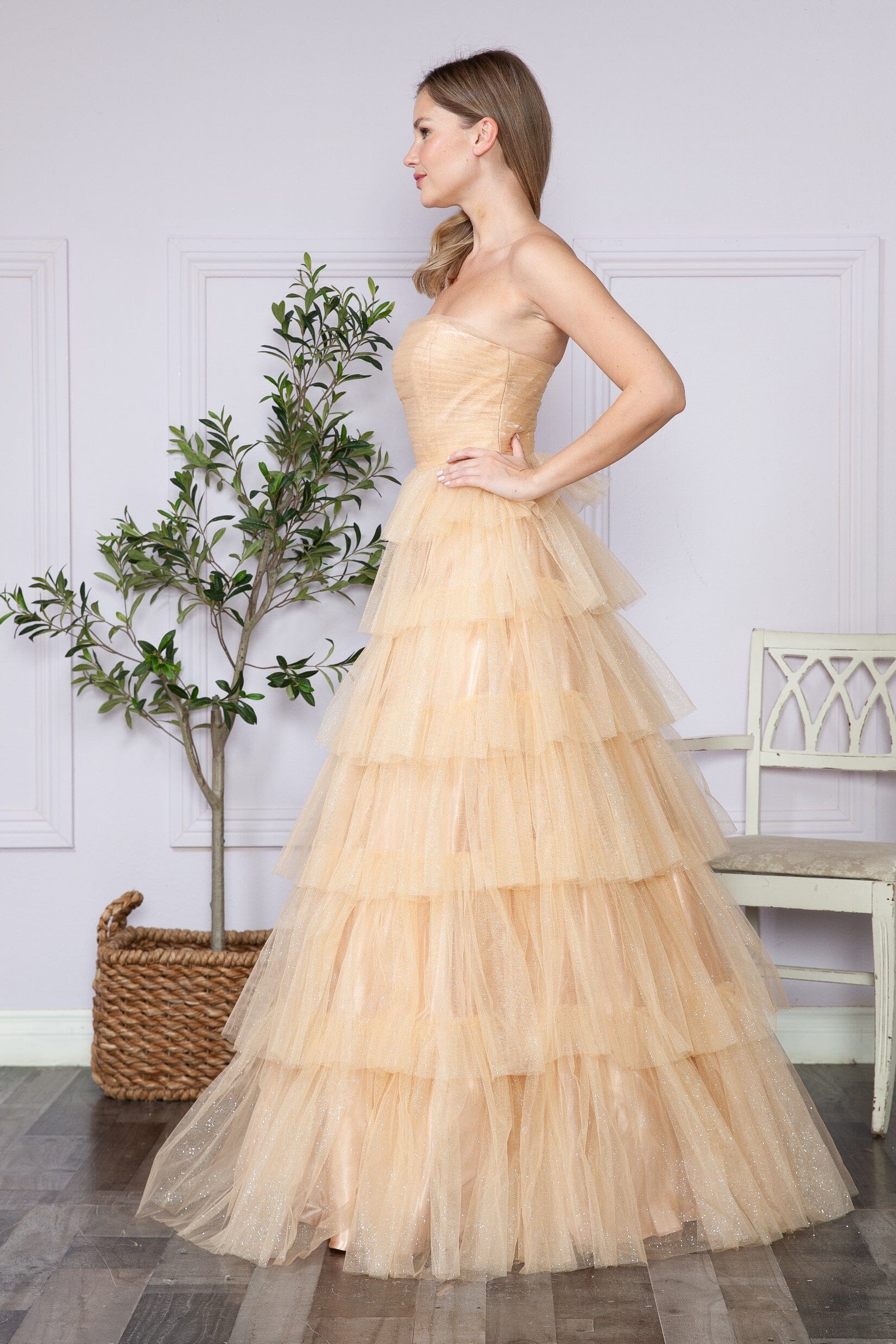 Champagne Strapless Floor Length Glitter Tulle Prom Gown with Tiered Skirt Formal Dress Poly USA 9386