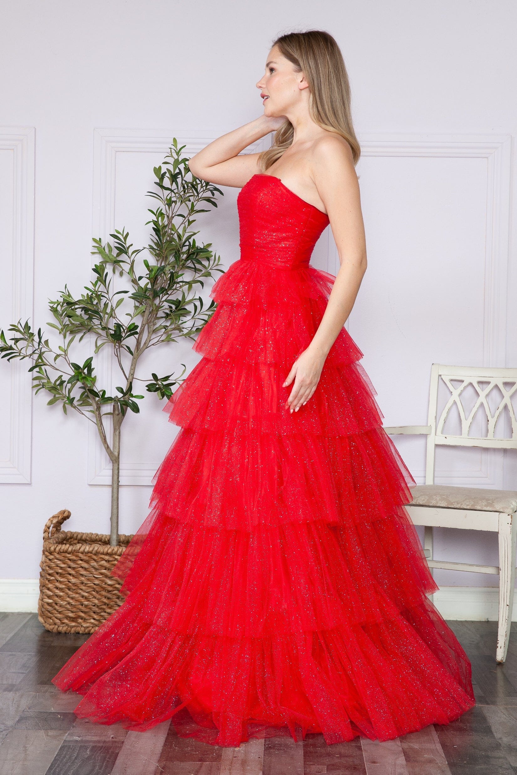 Red Strapless Floor Length Glitter Tulle Prom Gown with Tiered Skirt Formal Dress Poly USA 9386