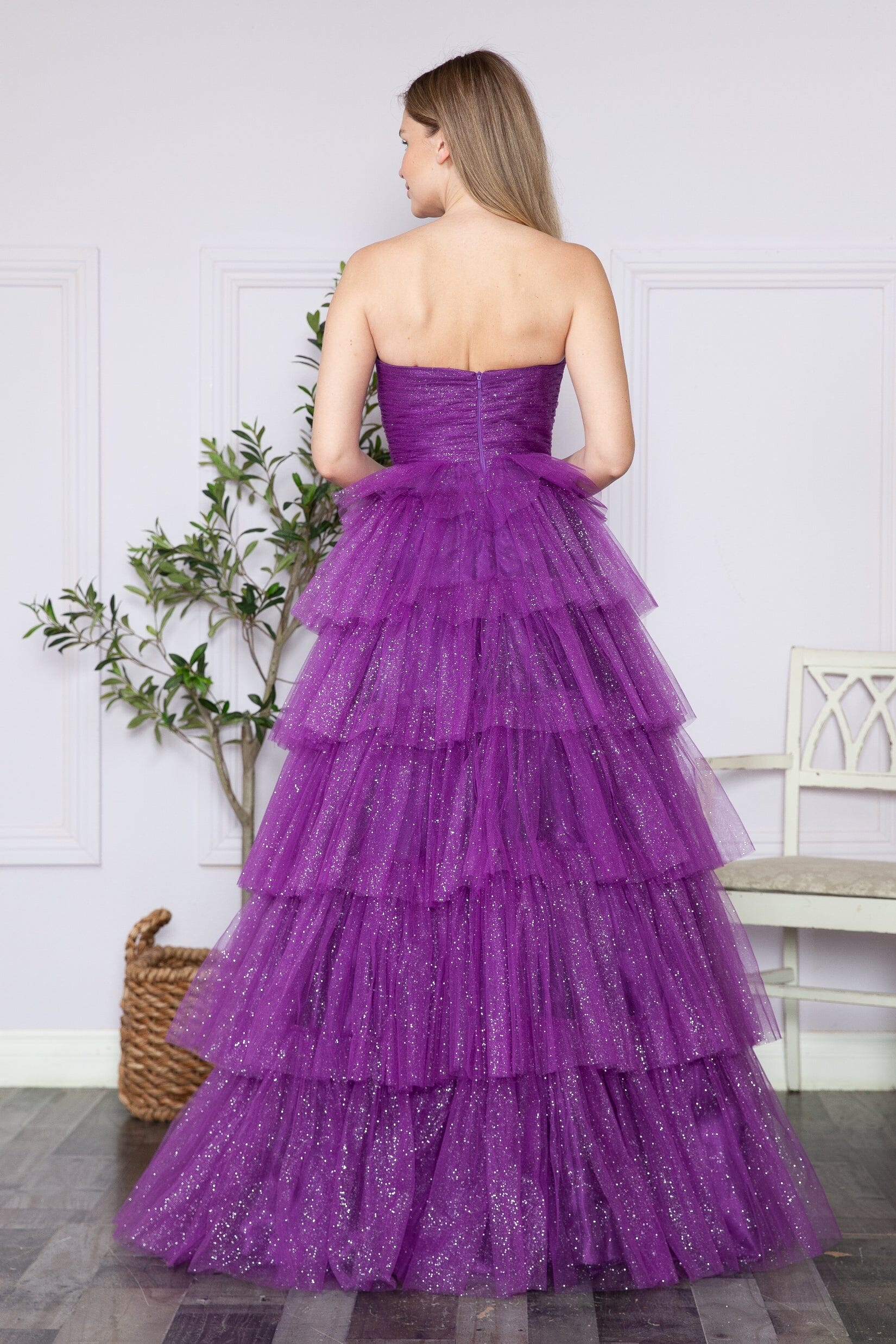 Purple Strapless Floor Length Glitter Tulle Prom Gown with Tiered Skirt Formal Dress Poly USA 9386
