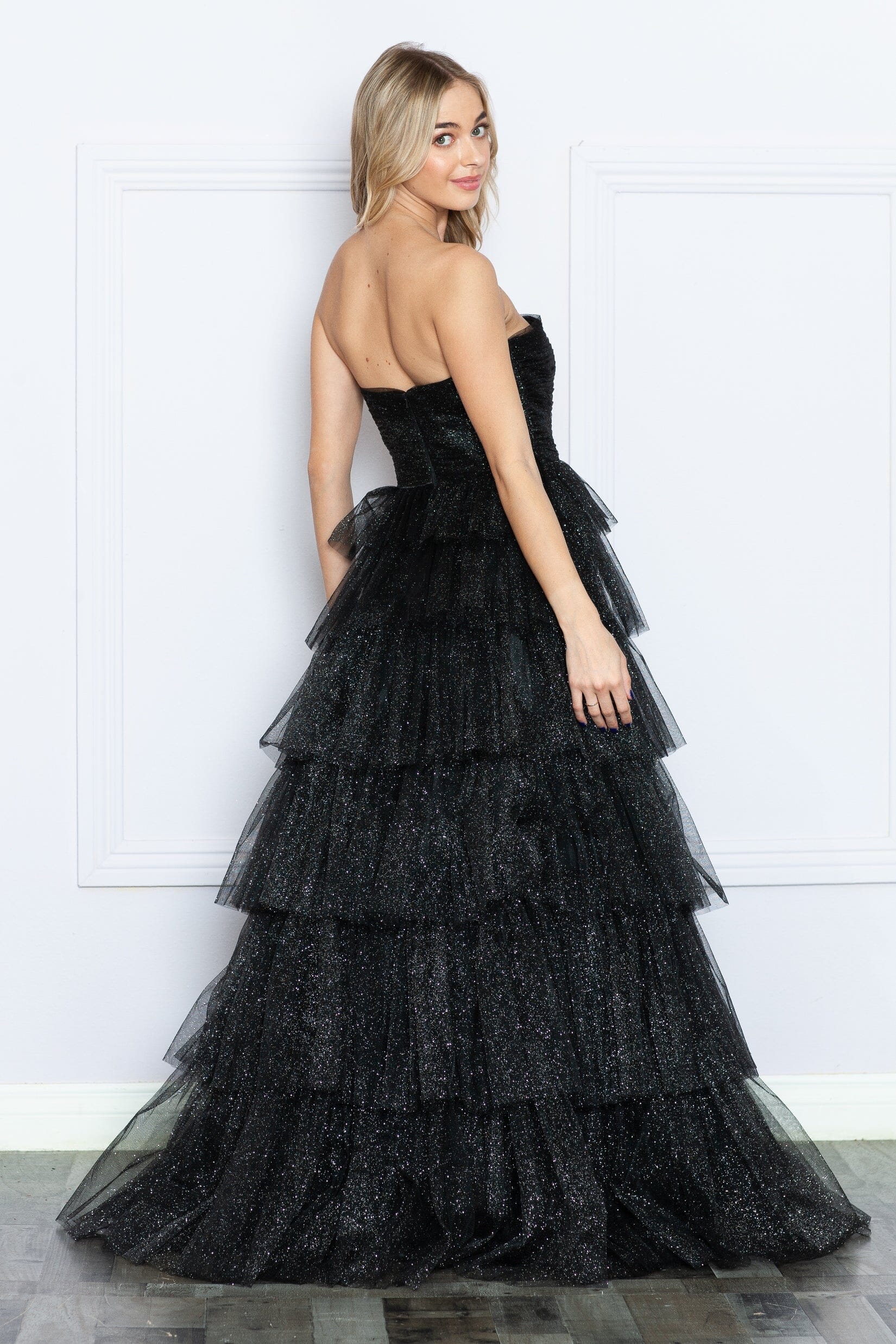 Black Strapless Floor Length Glitter Tulle Prom Gown with Tiered Skirt Formal Dress Poly USA 9386