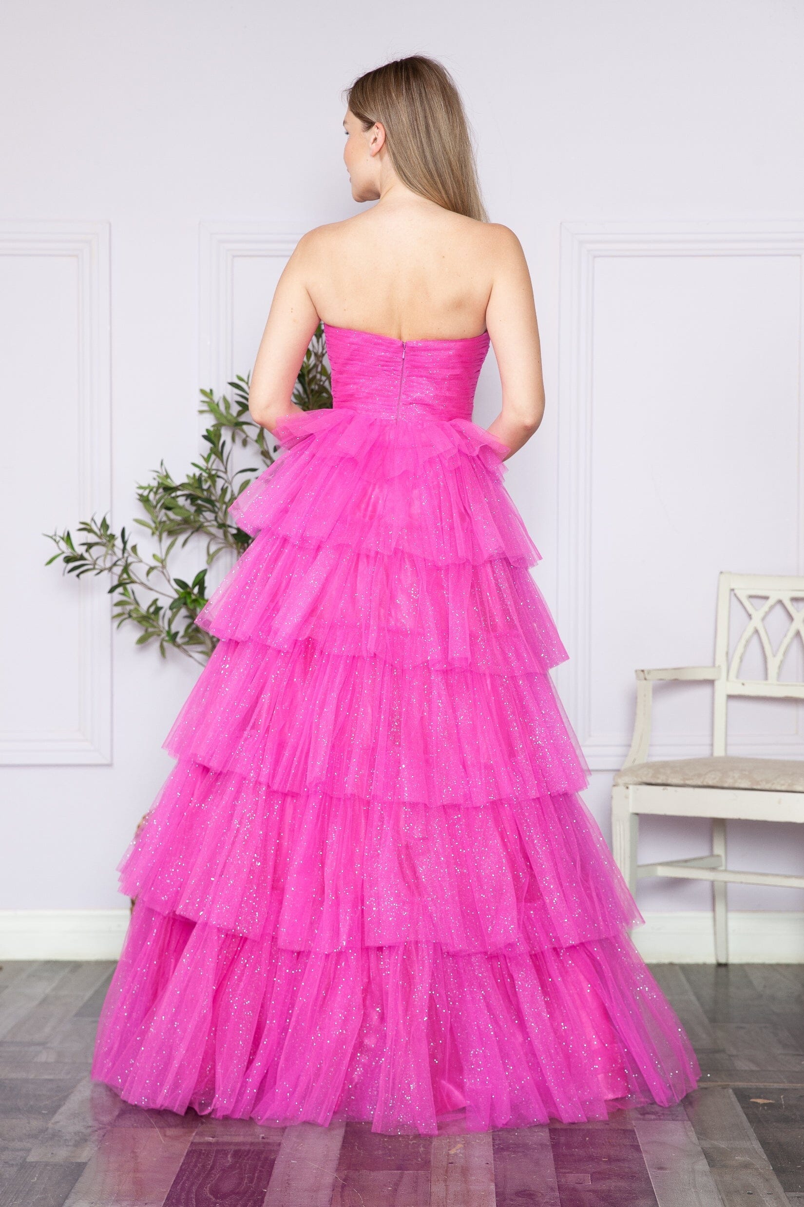 Hot Pink Strapless Floor Length Glitter Tulle Prom Gown with Tiered Skirt Formal Dress Poly USA 9386
