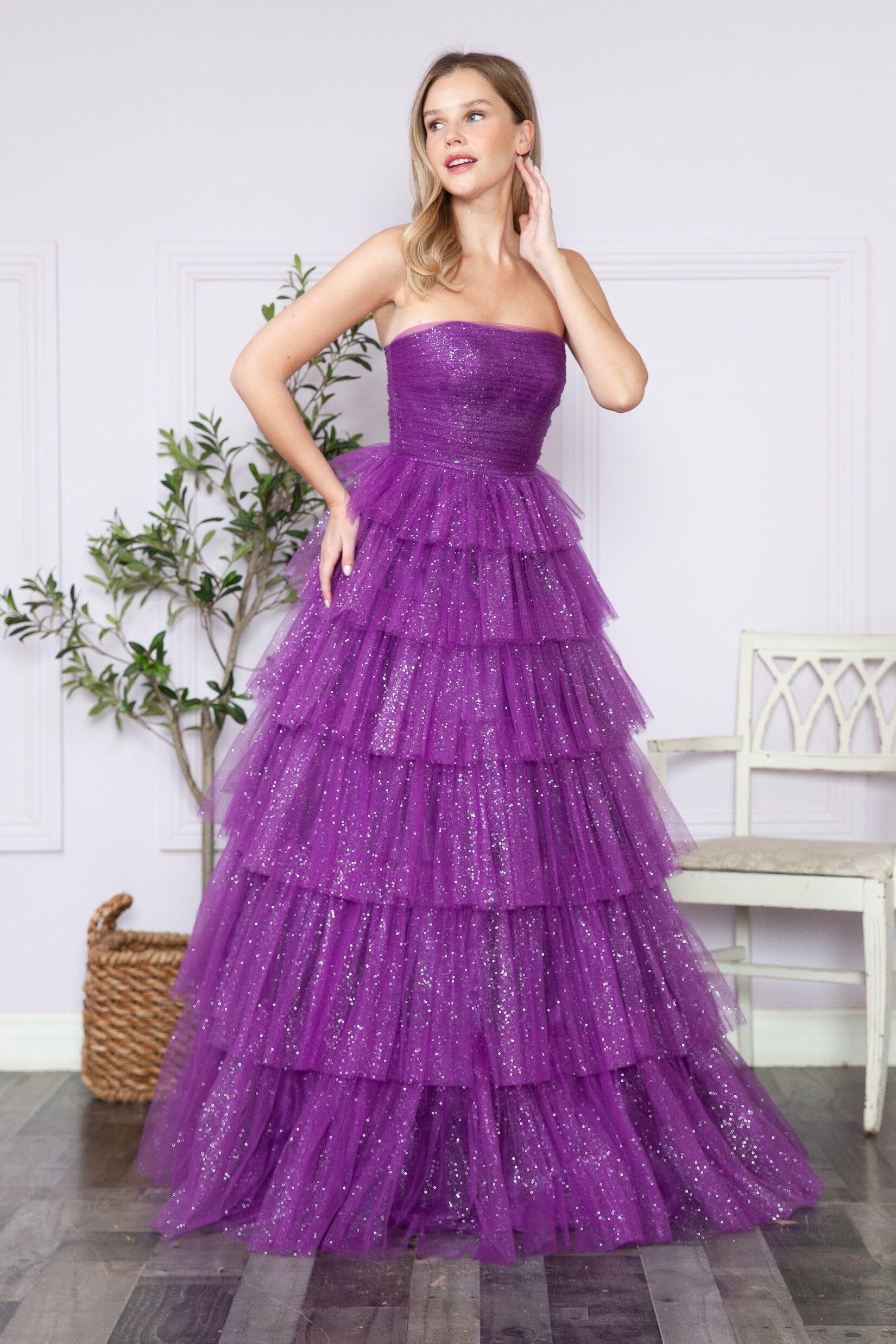 Purple Strapless Floor Length Glitter Tulle Prom Gown with Tiered Skirt Formal Dress Poly USA 9386