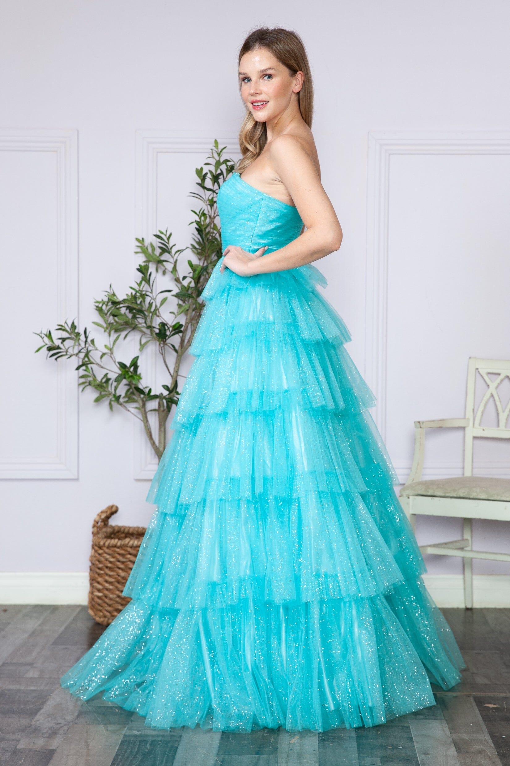 Aqua Blue Strapless Floor Length Glitter Tulle Prom Gown with Tiered Skirt Formal Dress Poly USA 9386