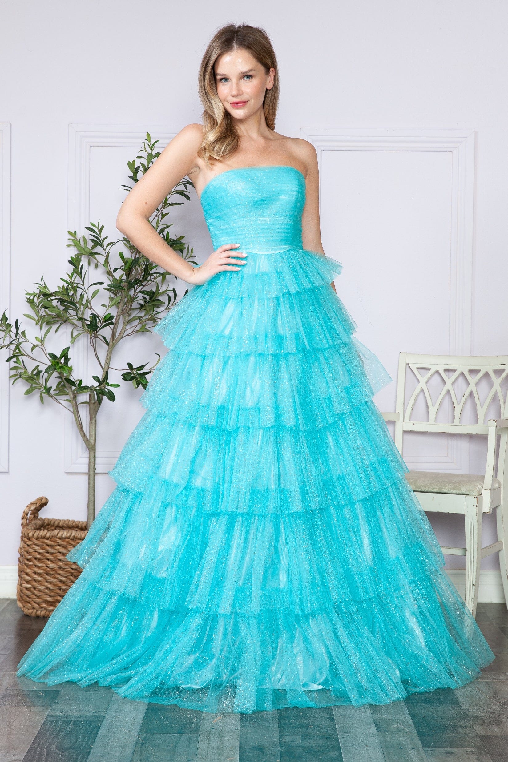 Aqua Blue Strapless Floor Length Glitter Tulle Prom Gown with Tiered Skirt Formal Dress Poly USA 9386