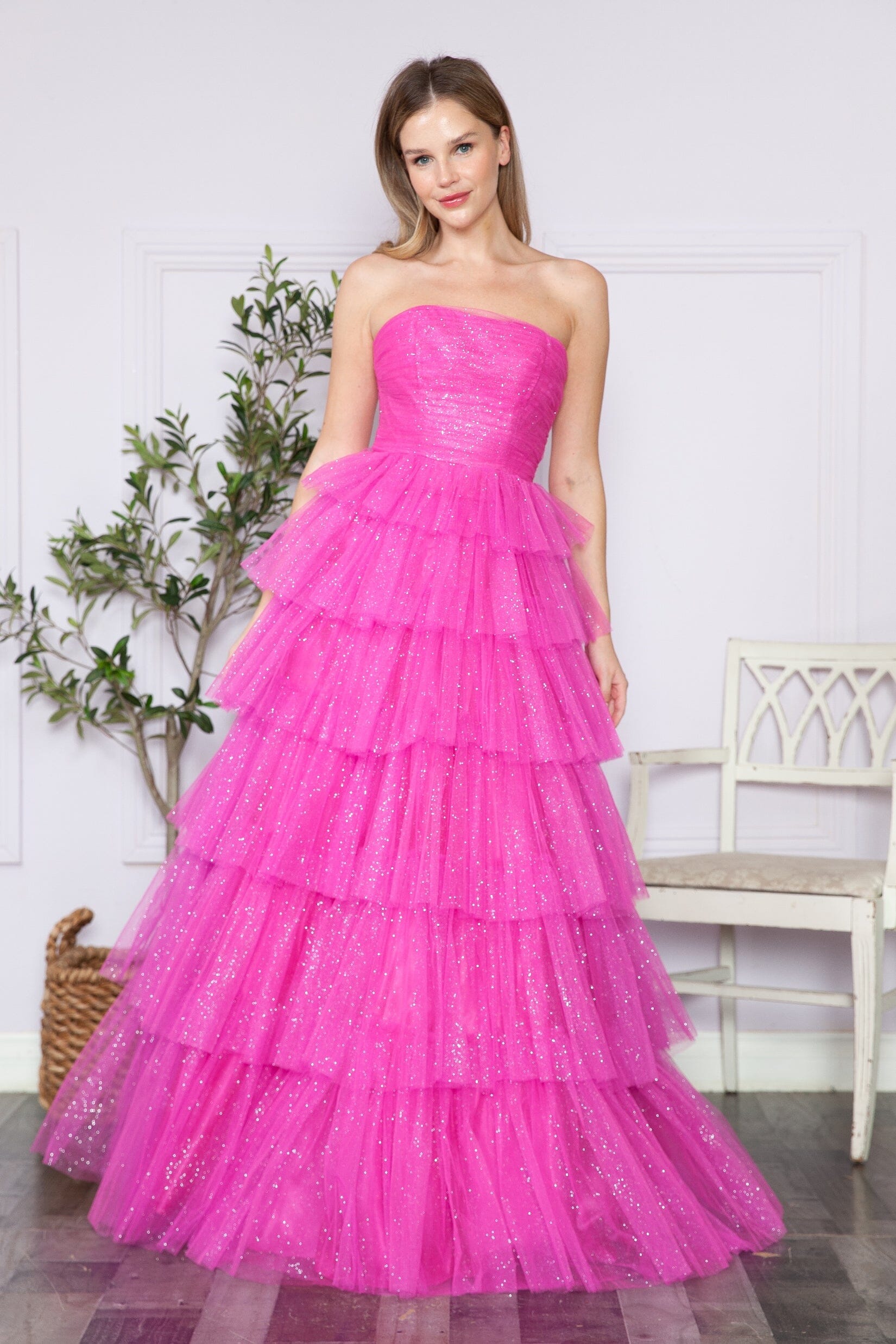 Hot Pink Strapless Floor Length Glitter Tulle Prom Gown with Tiered Skirt Formal Dress Poly USA 9386