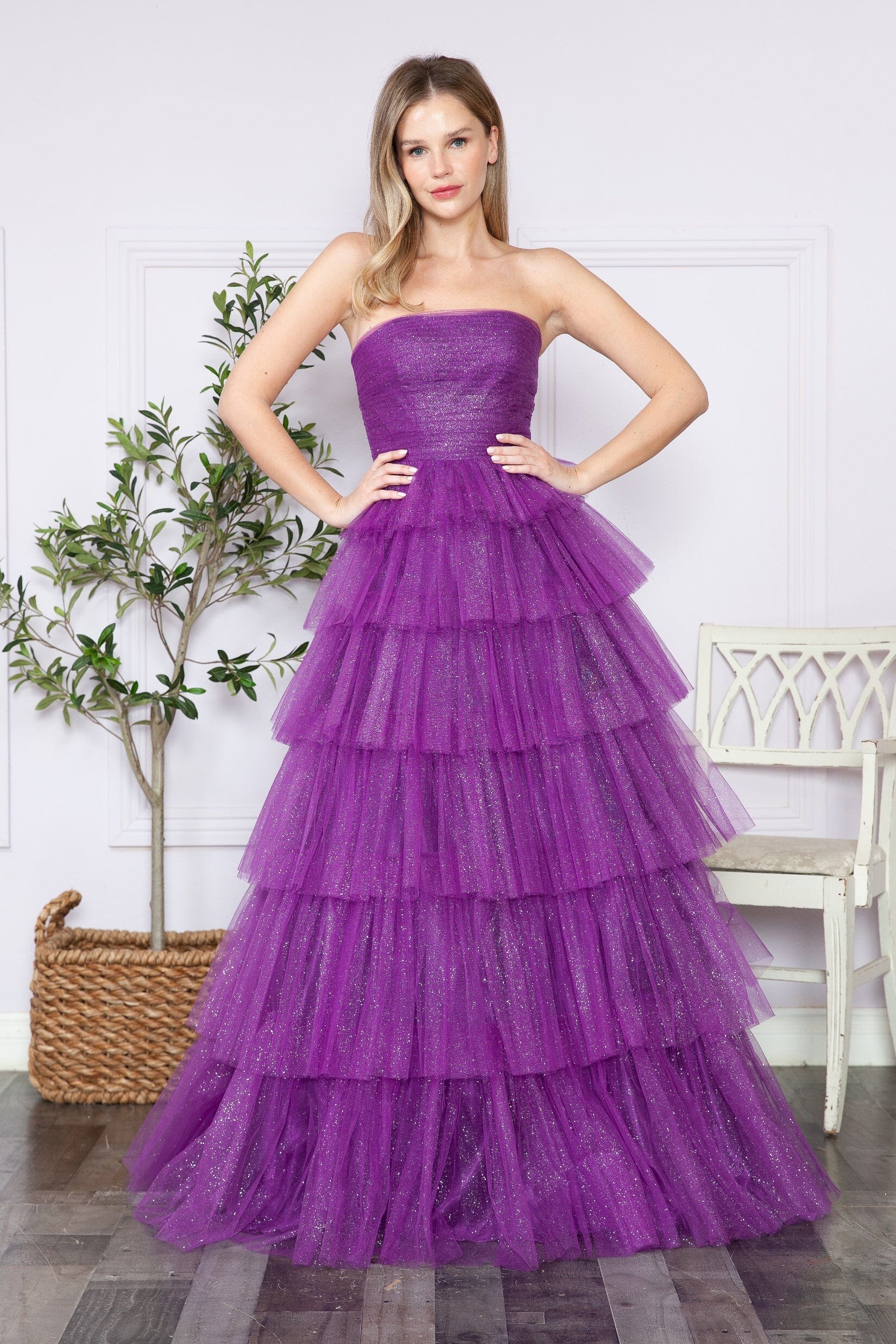 Purple Strapless Floor Length Glitter Tulle Prom Gown with Tiered Skirt Formal Dress Poly USA 9386