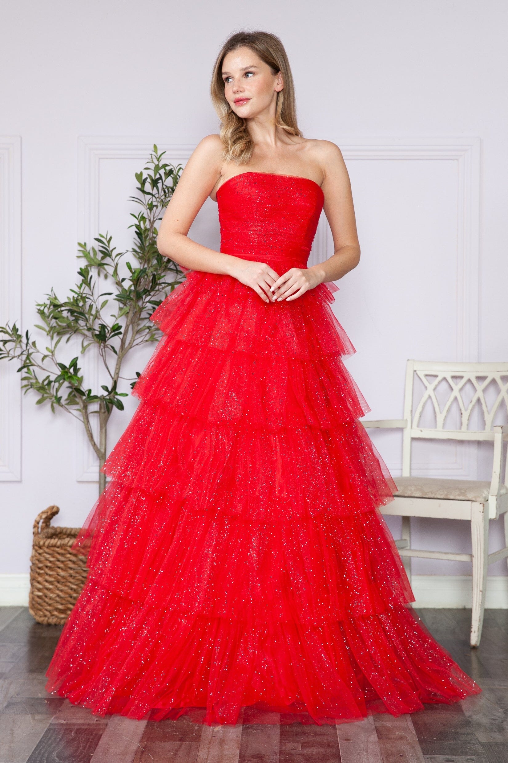 Red Strapless Floor Length Glitter Tulle Prom Gown with Tiered Skirt Formal Dress Poly USA 9386