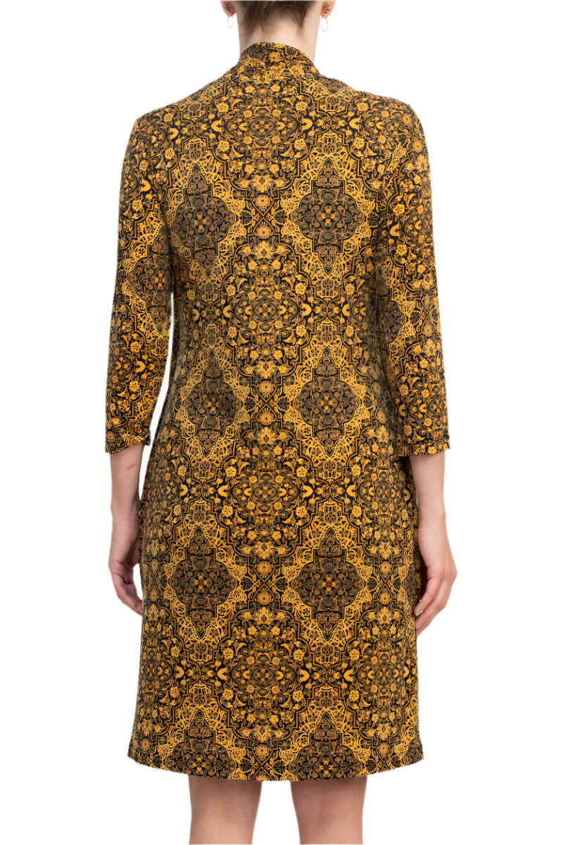 Mustard Scoop Neck Knee-Length Casual Faux Jacket Dress Connected Apparel TRT70975M1