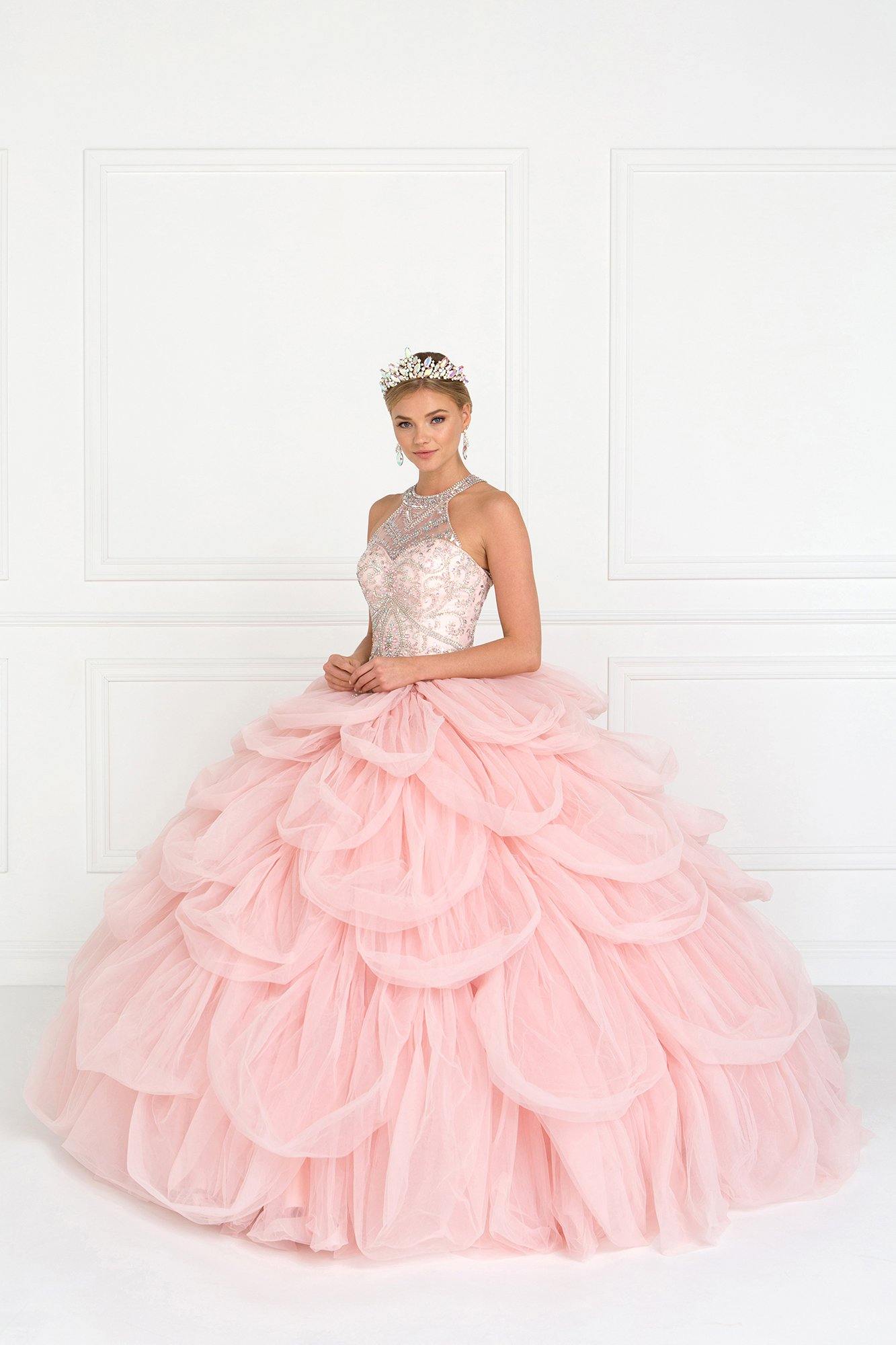 Tulle Halter Quinceanera Dress with Beads and Jewels