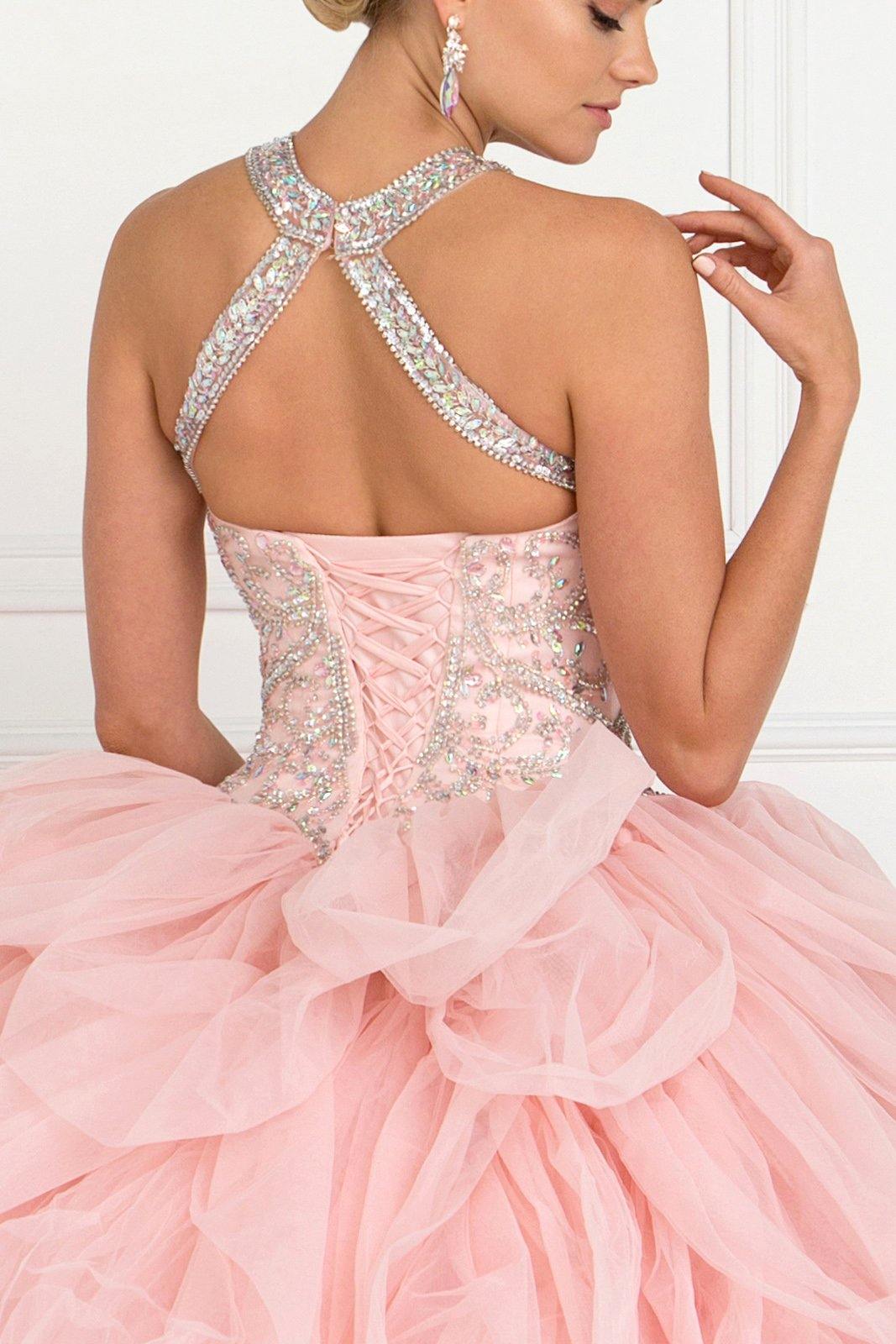 Tulle Halter Quinceanera Dress with Beads and Jewels