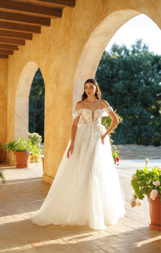 Wedding Dresses Long Floral Bridal Gown A Line Corset Wedding Dress Off White