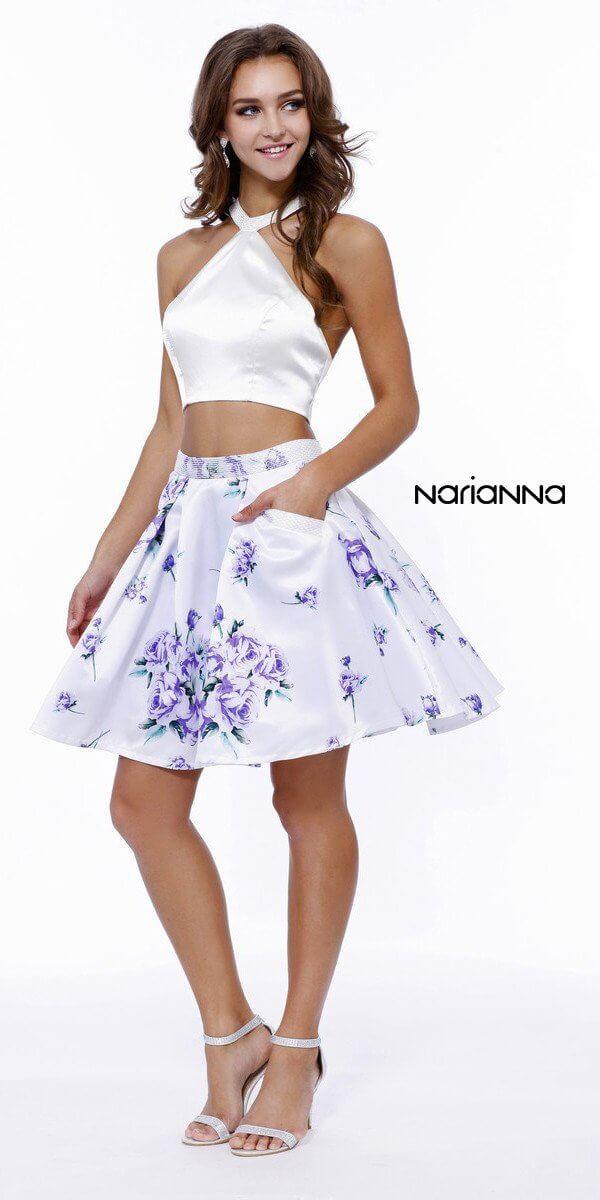 Two Piece Floral Print Prom Dress Ivory/Purple - The Dress Outlet