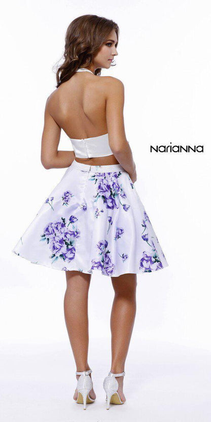 Two Piece Floral Print Prom Dress Ivory/Purple - The Dress Outlet