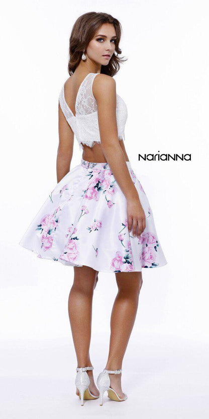 Two Piece Floral Print Prom Short Dress Ivory/Pink - The Dress Outlet
